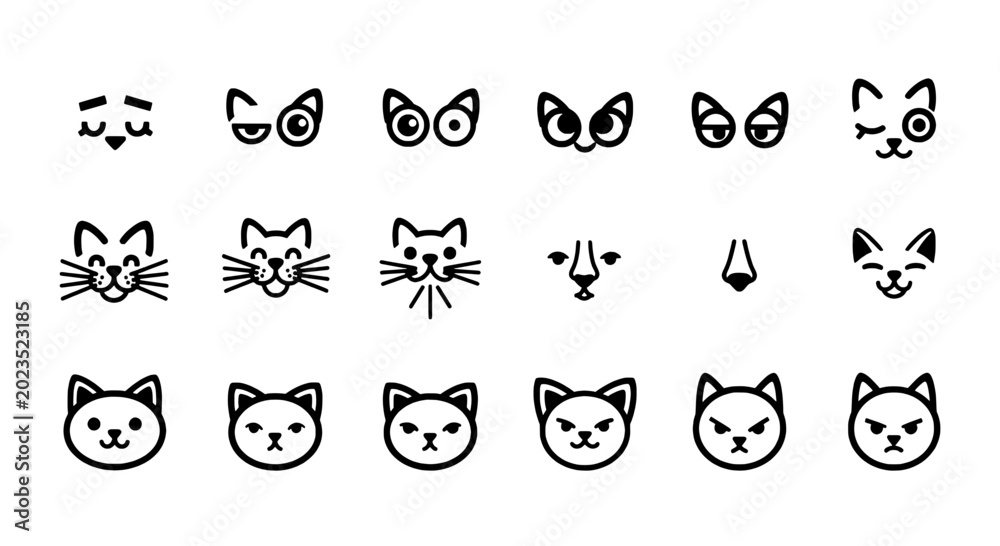 Fototapeta premium Cats illustration set with various facial expressions and emotions featuring cat faces, happy cat, angry cat with surprised cat and sleepy cat