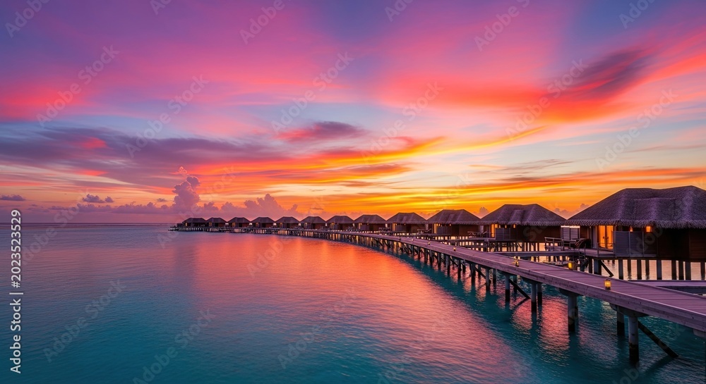 Fototapeta premium Luxury overwater bungalows at sunset in a tropical resort