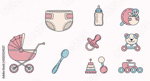 Tableau sur toile Baby Care Items Collection Cute Cartoon Style.