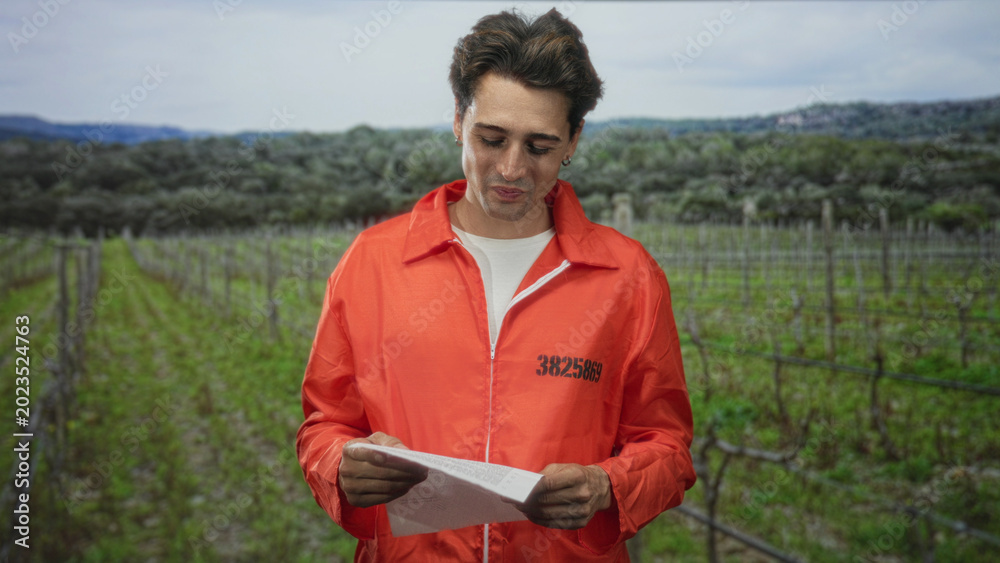 Obraz premium Man prisoner in orange jumpsuit reads a paper letter, holding it with both hands, pensive expression while standing among vineyard rows in a forest setting; remorse solitude.