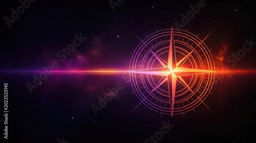 A glowing compass rose illuminated against a cosmic background with stars and swirling light patterns.