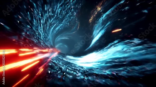 Space universe exploration, fantasy, mysterious. A vivid digital artwork depicts a turbulent, swirling vortex of light and shadow. The vortex is a mesmerizing blend of blue and white hues.