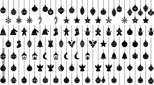 Christmas hanging ornaments vector set, winter holiday silhouette icons bundle, minimalist xmas baubles and decorations grid collection