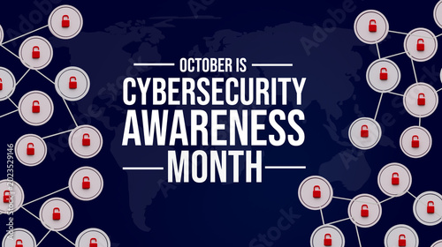 October is Cybersecurity Awareness Month Banner with Connected Red Padlock Network and World Map on Dark Navy Background — 3D Render of Cyber Security 