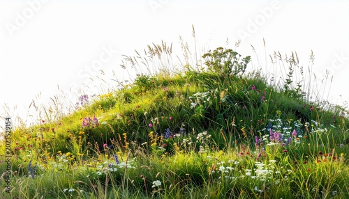 Wildflower meadow on grassy hill at sunrise, vibrant natural landscape with blooming flowers and green foliage