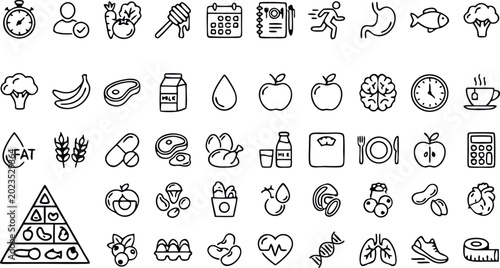Comprehensive hand drawn outline icon set for health nutrition diet fitness and healthy food lifestyle concepts