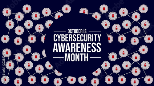 october is cybersecurity awareness month with global network map and lock icons representing data protection online security and cyber threat prevention