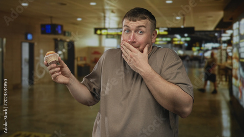 Photos Man holding cupcake and hand covering mouth gesture in airport terminal near gate signage, looking caught mid bite; surprise travel snack