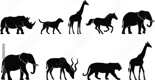 Canvas Print Wild Animal Silhouette Collection Featuring Elephant Giraffe Rhino Horse Panther