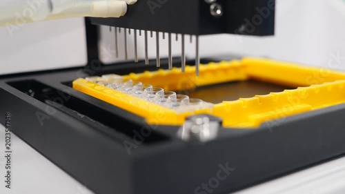 Medical hospital laboratory equipment for identifying virus and disease. Healthcare . Clinical blood analyzer of human bio sample. Automated process in biochemistry analyzer. 4 k video