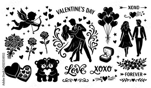 Canvastavla Romantic Valentines Day Vector Silhouette Collection with Couples Hearts and Flo