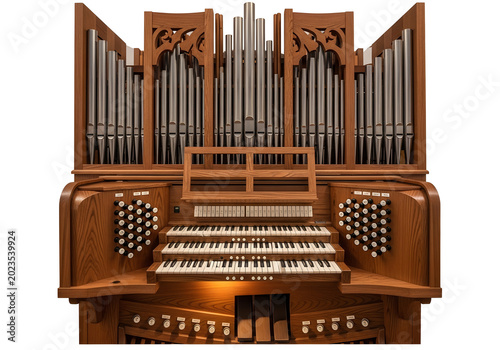 Vintage pipe organ with wooden pipes and detailed console in warm lighting for classical music