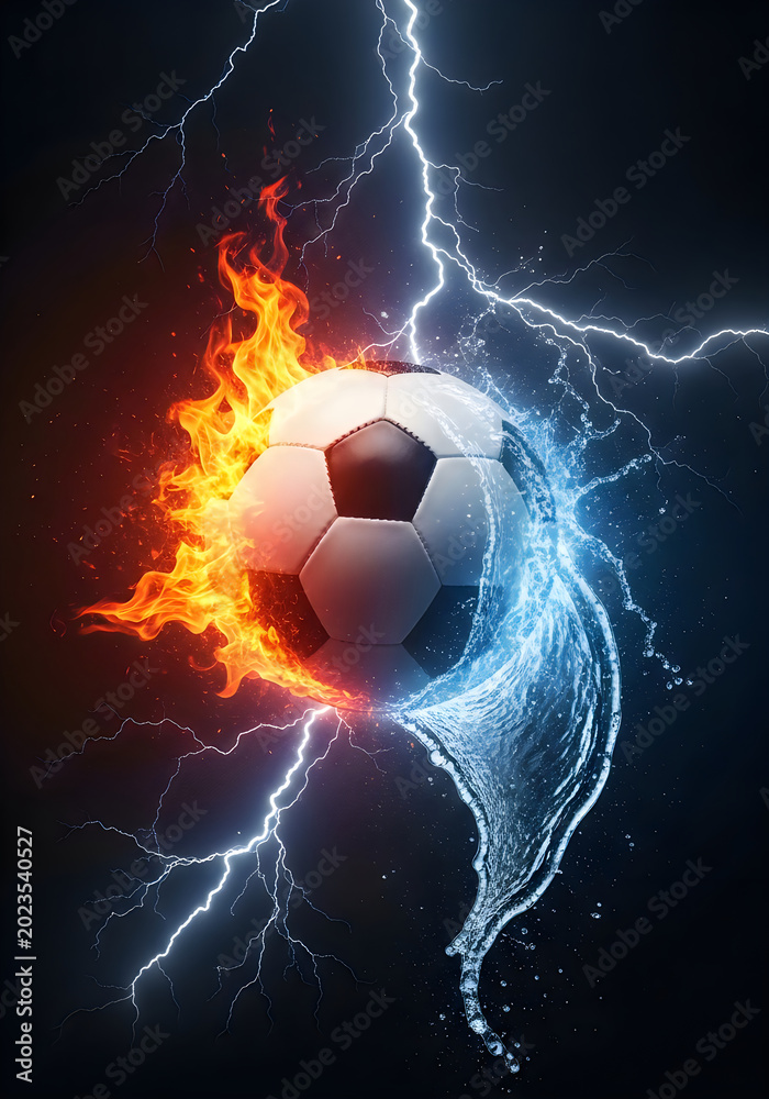 Naklejka premium Soccer ball on fire and water with lightning background