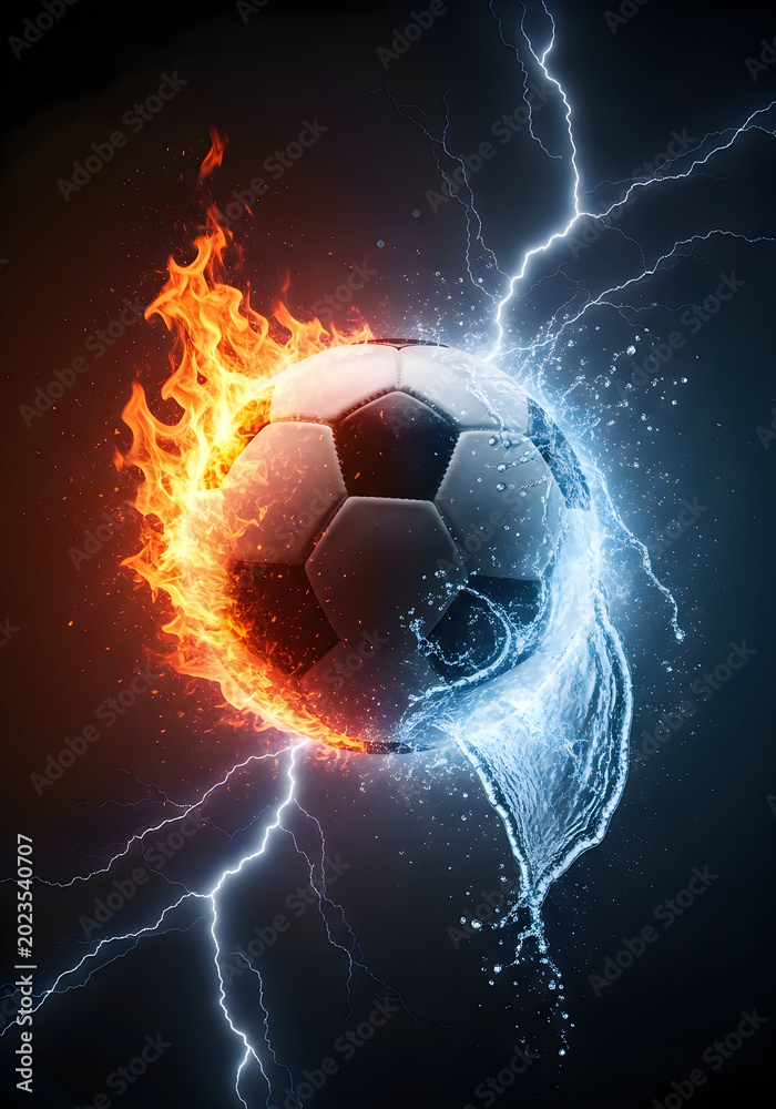Naklejka premium Soccer ball on fire and ice with lightning