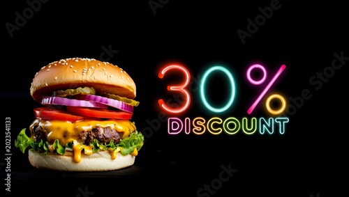 Delicious cheeseburger with a thirty percent discount neon sign on a black background