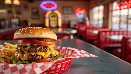 Delicious cheeseburger with fries served in a basket inside a retro American diner restaurant with a vintage jukebox in the background