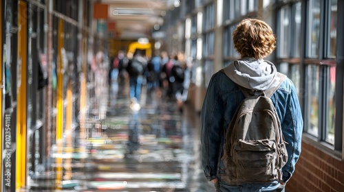 A male student with a backpack walks down a school hallway surrounded by other students du the transition between classes at school.