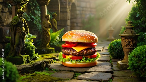 Delicious beef cheeseburger with fresh lettuce and tomato served on a stone path in a mysterious ancient forest setting
