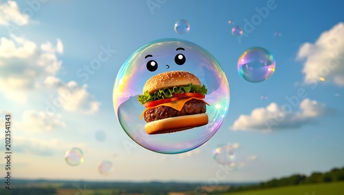 A cute cartoon burger character trapped inside a giant floating soap bubble against a bright blue sky with clouds