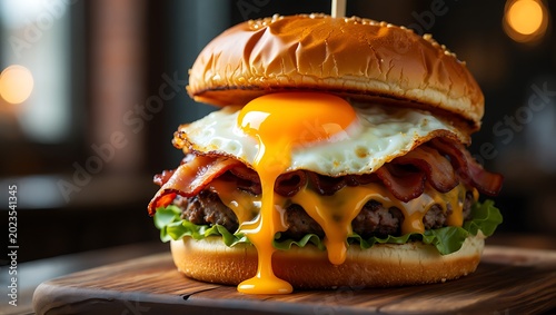 Delicious beef burger with fried egg and melting cheese served on a wooden board
