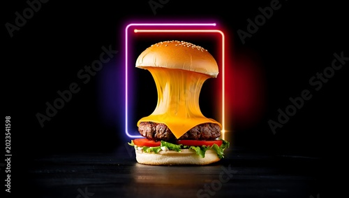 Delicious beef cheeseburger with long melting cheese strings in front of a colorful glowing neon frame on a dark black background