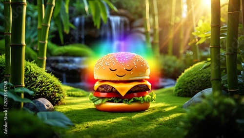 Cute cartoon burger character with a happy face glowing in a magical green forest with sun rays