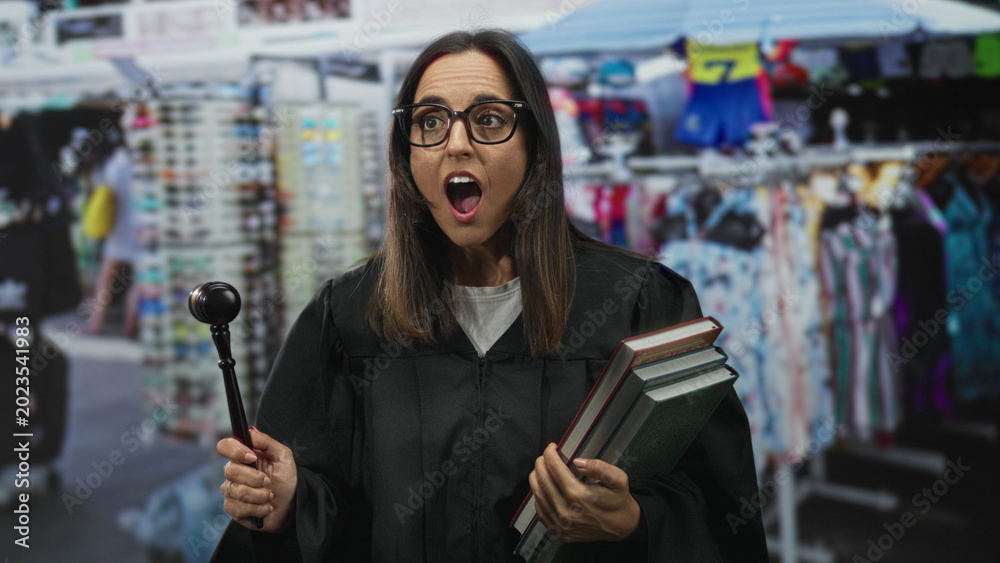 Fototapeta premium Woman judge in black robe holding gavel and stacked books, mouth open in an exclamatory gesture while standing amid a street market stall; surprise drama.