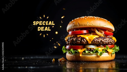 Delicious beef cheeseburger with special deal text isolated on a black background