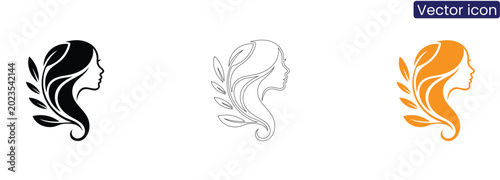 Beautiful Woman Face Profile with Hair Leaves Vector Icon Set, Female Beauty Salon Logo Template, Elegant Girl Silhouette for Spa, Cosmetics Wellness Branding in Outline and Color Design