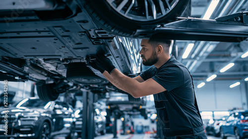 Automotive Workshop: Expert Mechanic Conducting Detailed Vehicle Repair and Maintenance in Modern Garage
