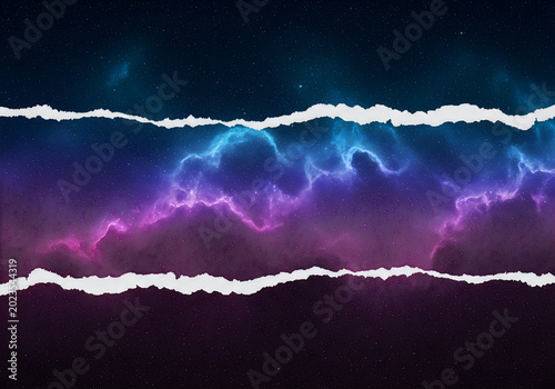 Torn paper banner with purple and blue nebula galaxy space background, ripped edge