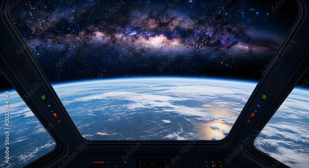 Naklejka premium View of earth and milky way galaxy from inside a spaceship cockpit window