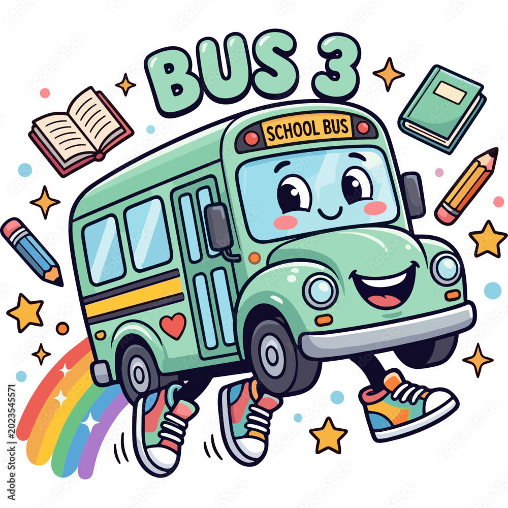 Fototapeta premium A cheerful green school bus with smiling face runs near rainbow and books