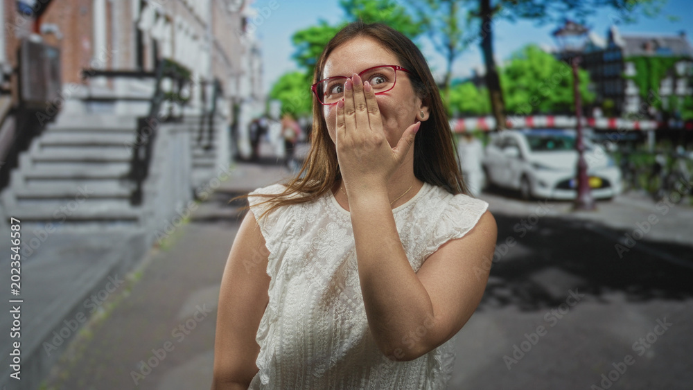 Fototapeta premium Woman hand covering mouth on street in city wearing red glasses and white lace top by stone steps and parked car; shy surprise.