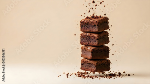 Stacked chocolate brownies with cocoa powder falling studio lighting