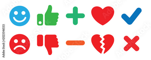 Colorful vector icons representing emotions and feedback like happy sad like dislike plus minus heart broken heart and check mark.