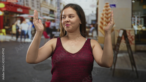 Fényképezés Woman hands raised on a busy street, smiling with palms visible and bare forearms exposed; confidence greeting warmth