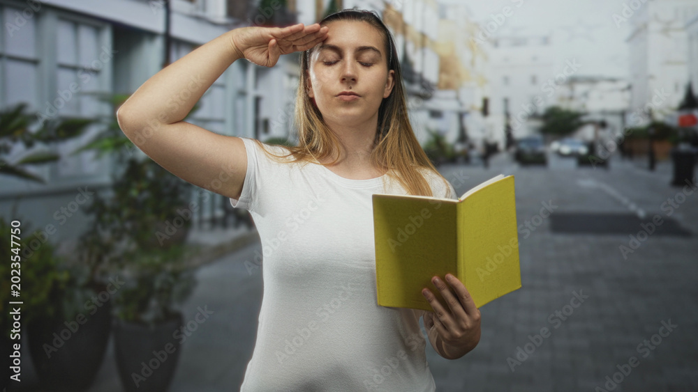 Fototapeta premium Woman salutes with raised right hand while reading a yellow notebook aloud on a cobbled city street lined with potted plants and parked cars; solemn pledge focus.
