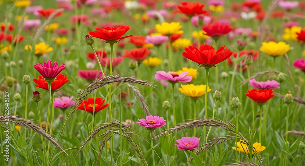 Obraz premium Colorful cosmos flowers in a field vibrant red pink and yellow blooms