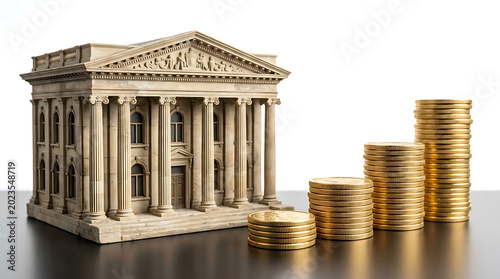 Miniature model of a classic bank building made of stone next to stacks of gold coins on a dark reflective surface