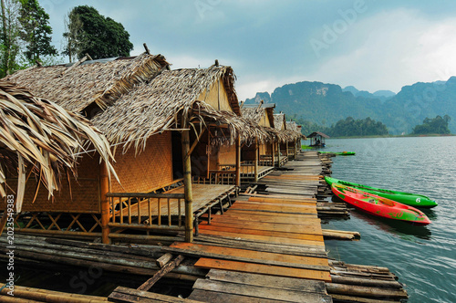 Beautiful floating bamboo rafts and bungalows in Cheow Lan Lake, Khao Sok National Park, Surat Thani, Thailand.