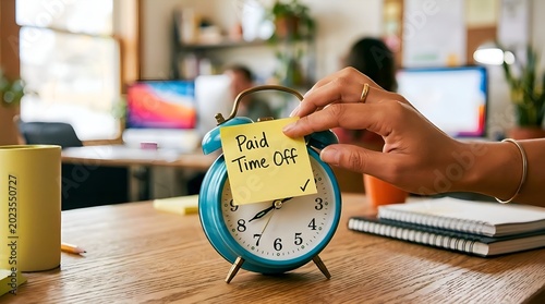 Close Up of Hand Placing Paid Time Off Sticky Note on Blue Alarm Clock