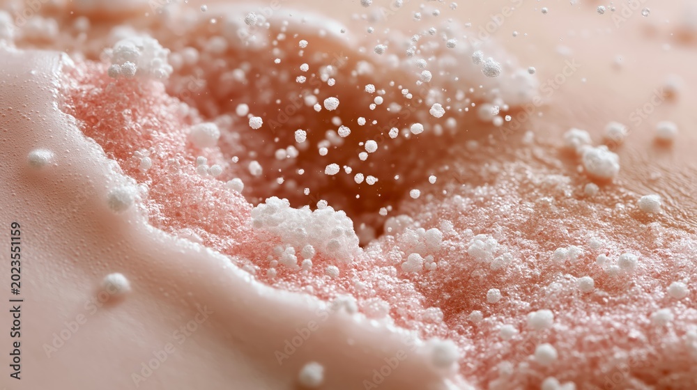Fototapeta premium An extreme macro closeup of white foaming bubbles emerging from a skin pore during a deep salicylic acid cleansing treatment.