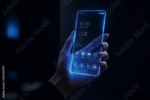 Transparent Hologram Smartphone in Female Hand with Neon Blue Glow