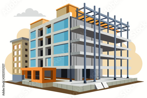 A large building under construction with scaffolding on the right side and completed windows on the left side is shown in a digital illustration