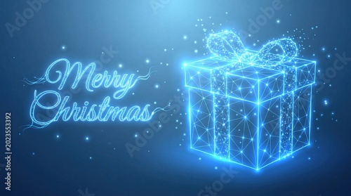 Glowing digital wireframe gift box with merry christmas holiday text