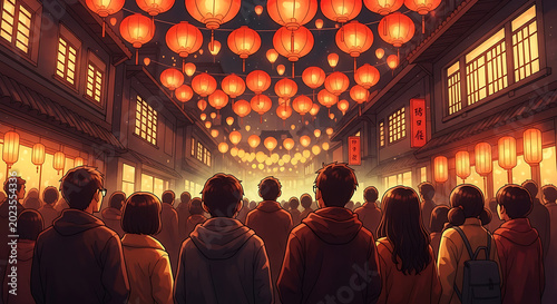 Crowd viewing illuminated red lanterns in a narrow asian street digital art