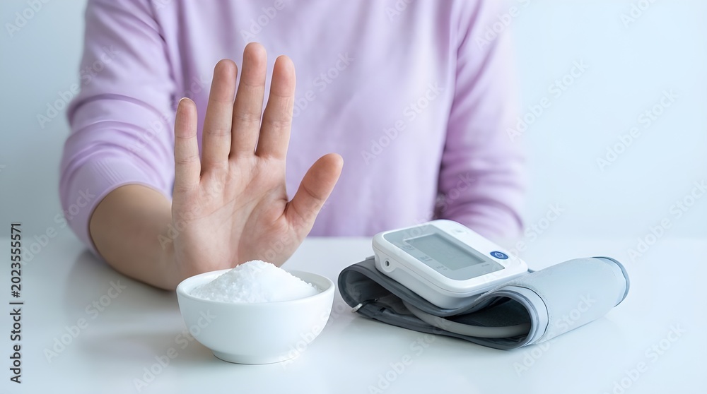 Fototapeta premium Hand signaling 'stop' over a bowl of salt or sugar, next to a blood pressure monitor, emphasizing conscious health choices.