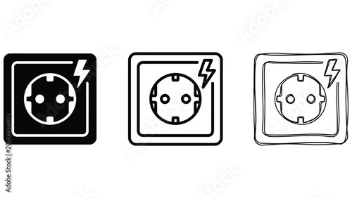 Photos Electric power socket icons set with lightning bolt symbol in solid, outline and hand drawn sketch styles