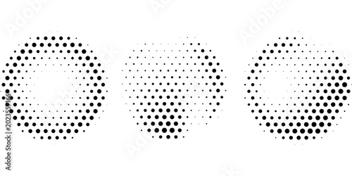 Three black noise grain vector circles illustration. Abstract dot gradient frame design elements with textured stipple effect. Geometric shape with shadow.